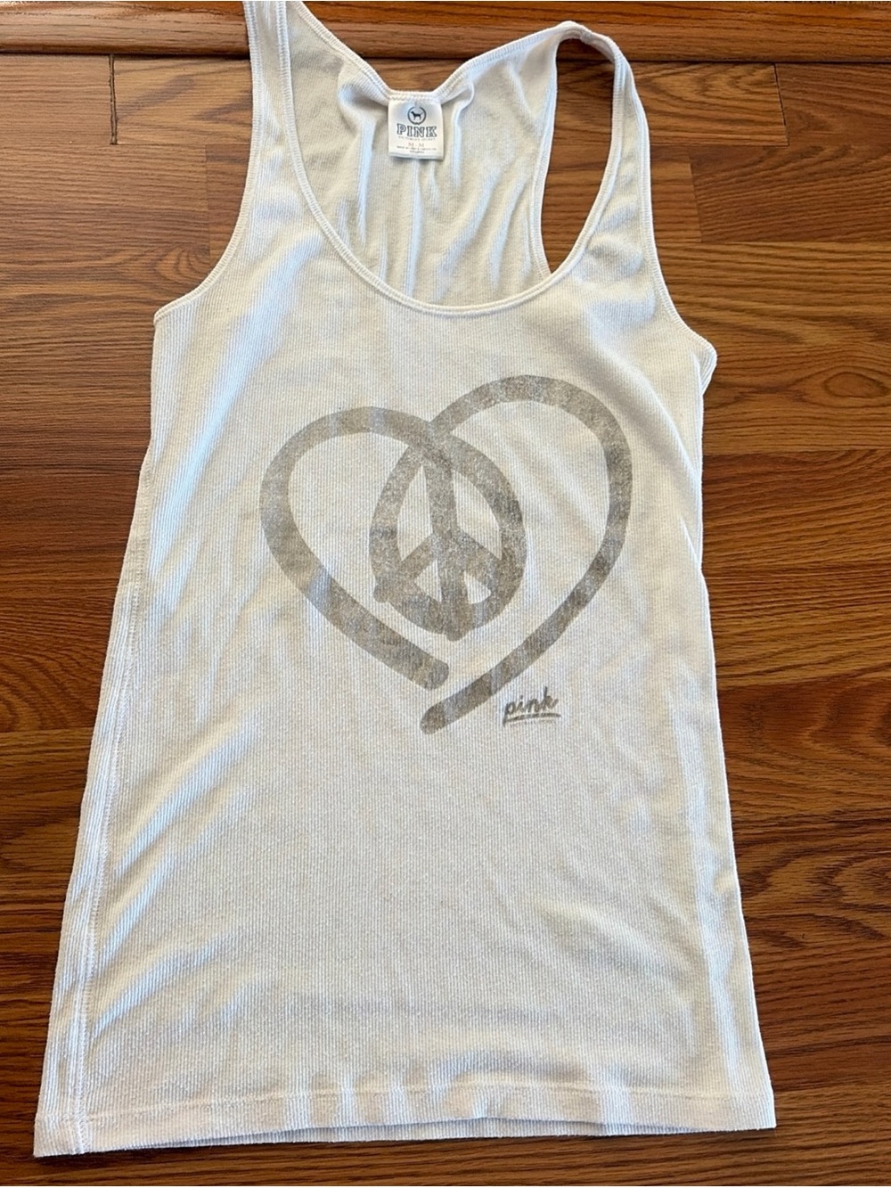 Victoria's Secret PINK White Graphic Racerback Tank Peace Sign Heart